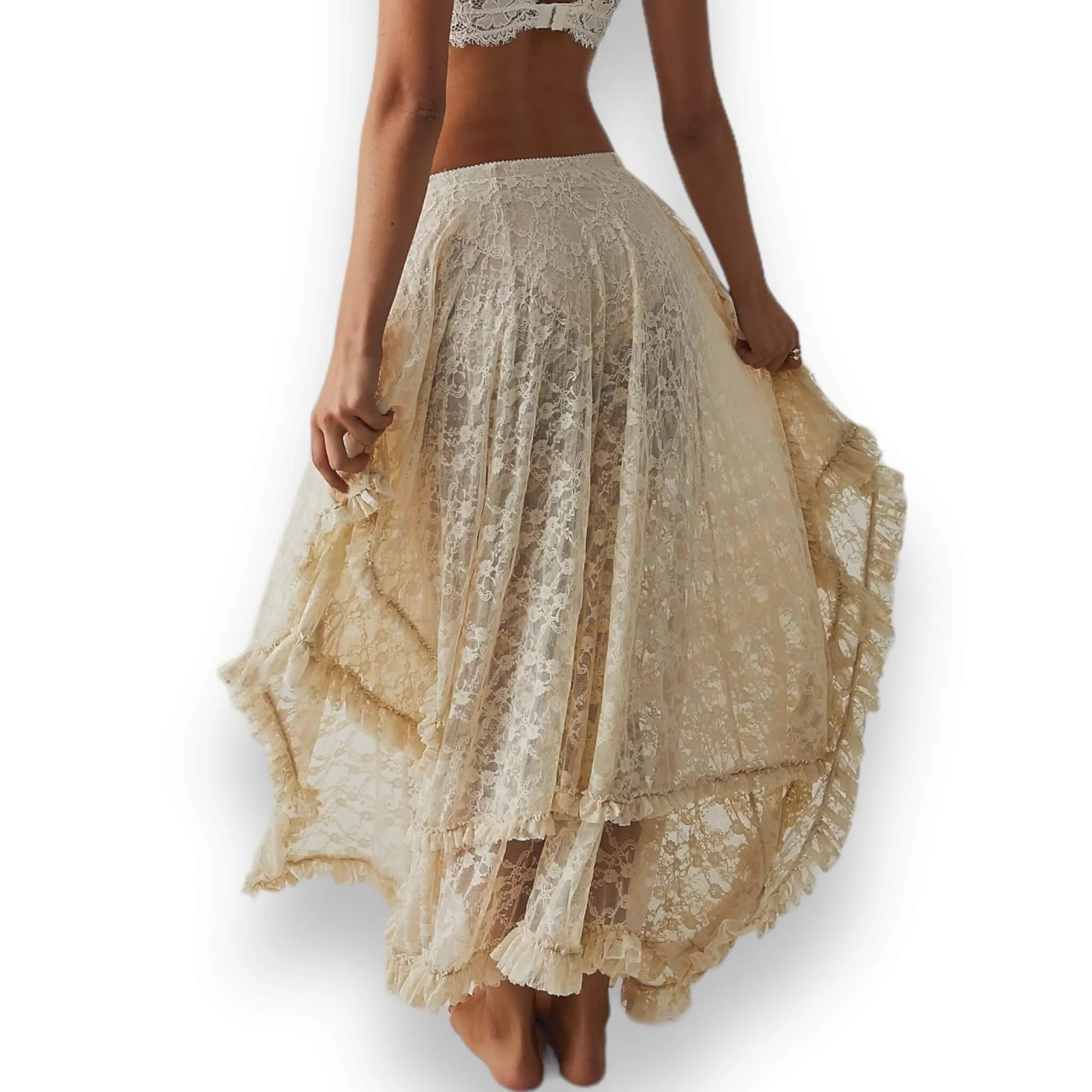 Country Ruffle Lace Midi Skirt