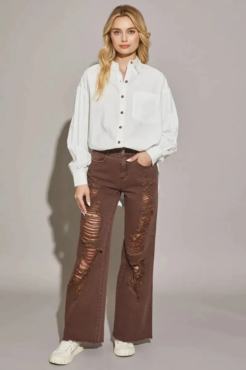 Distressed High Waist Cut Edge Denim Pants