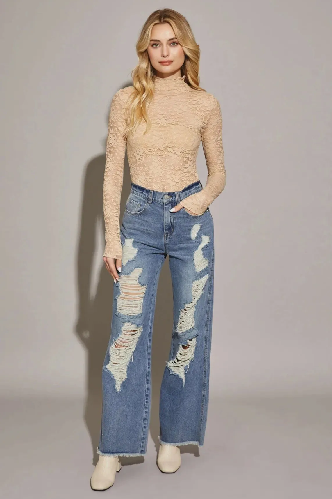 Distressed High Waist Cut Edge Denim Pants
