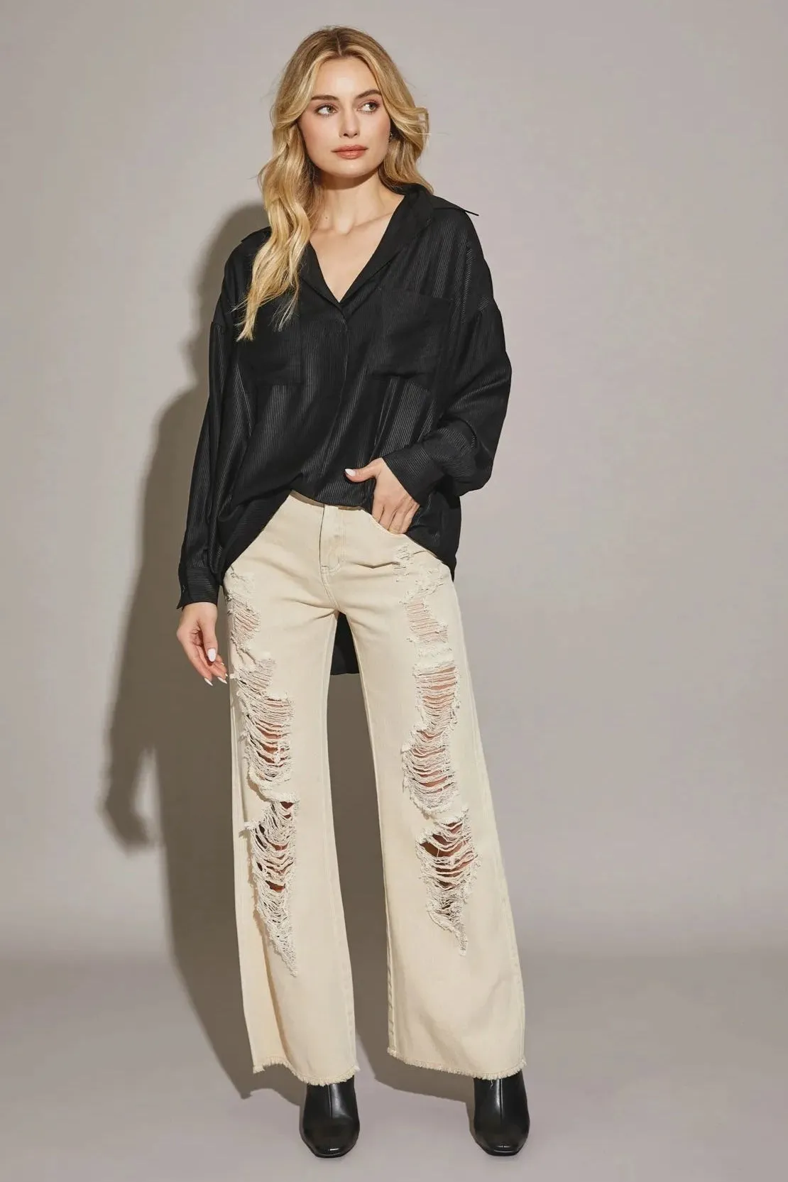 Distressed High Waist Cut Edge Denim Pants