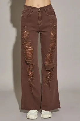 Distressed High Waist Cut Edge Denim Pants