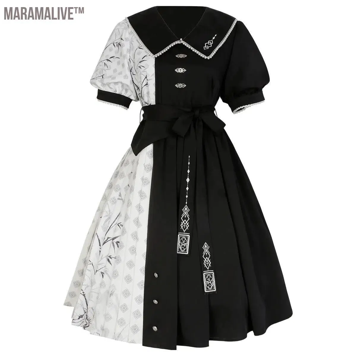  Element Short Sleeve Op Dress Improved Daily Skirt Spring Black White Lolita