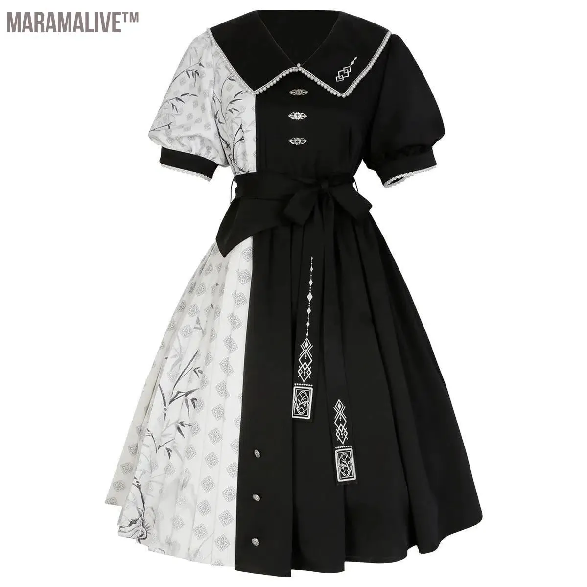  Element Short Sleeve Op Dress Improved Daily Skirt Spring Black White Lolita