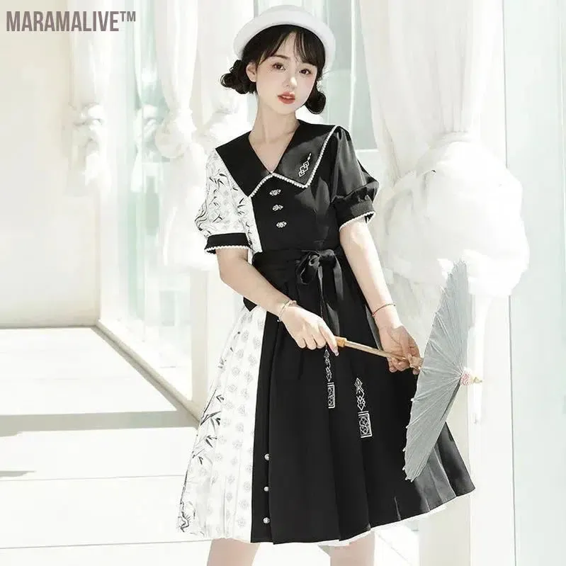  Element Short Sleeve Op Dress Improved Daily Skirt Spring Black White Lolita