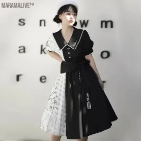  Element Short Sleeve Op Dress Improved Daily Skirt Spring Black White Lolita