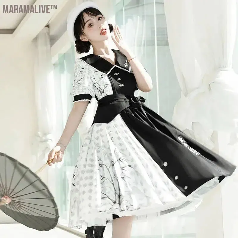  Element Short Sleeve Op Dress Improved Daily Skirt Spring Black White Lolita