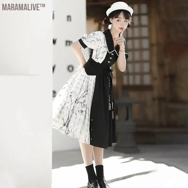  Element Short Sleeve Op Dress Improved Daily Skirt Spring Black White Lolita