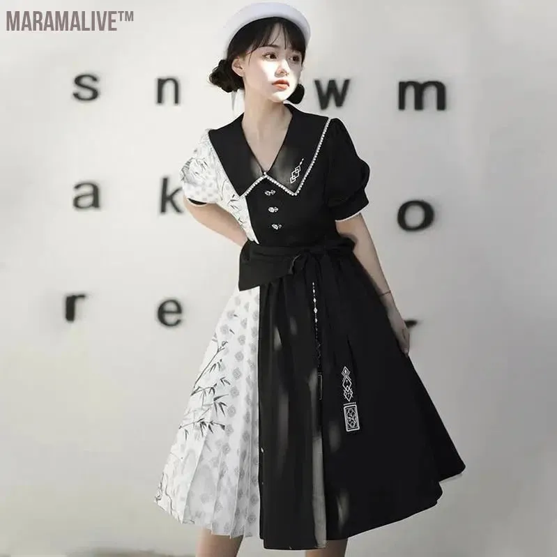 Element Short Sleeve Op Dress Improved Daily Skirt Spring Black White Lolita