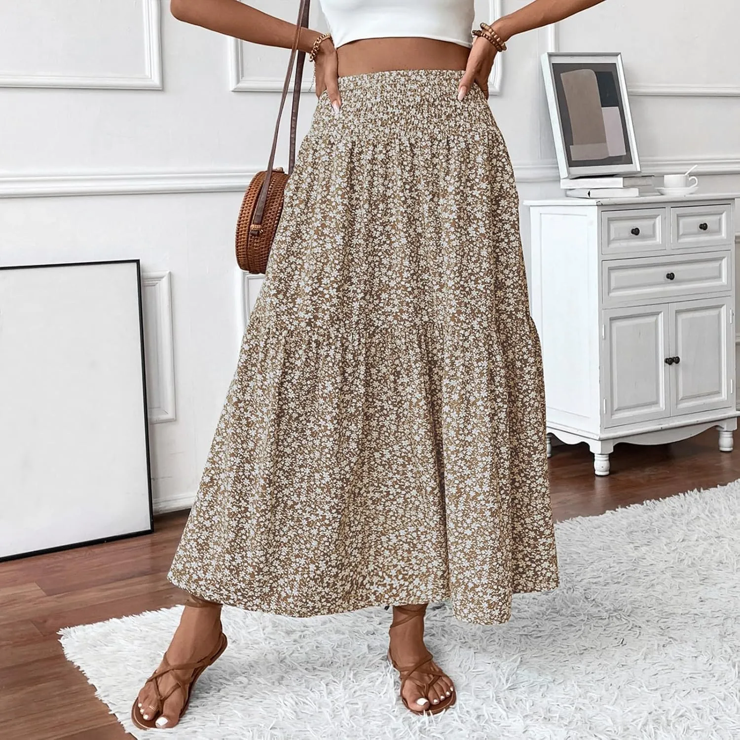 Floral Maxi Skirts for Women Trendy Summer Casual Boho Long Flowy Skirt Smocked Elastic High Waisted A Line Skirt