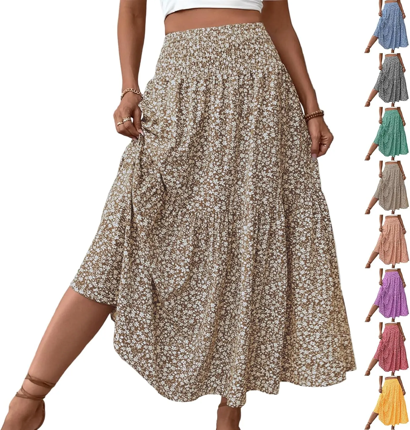 Floral Maxi Skirts for Women Trendy Summer Casual Boho Long Flowy Skirt Smocked Elastic High Waisted A Line Skirt