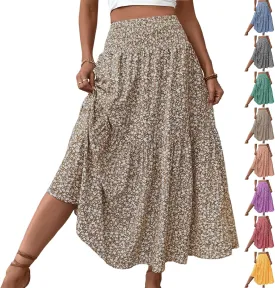 Floral Maxi Skirts for Women Trendy Summer Casual Boho Long Flowy Skirt Smocked Elastic High Waisted A Line Skirt