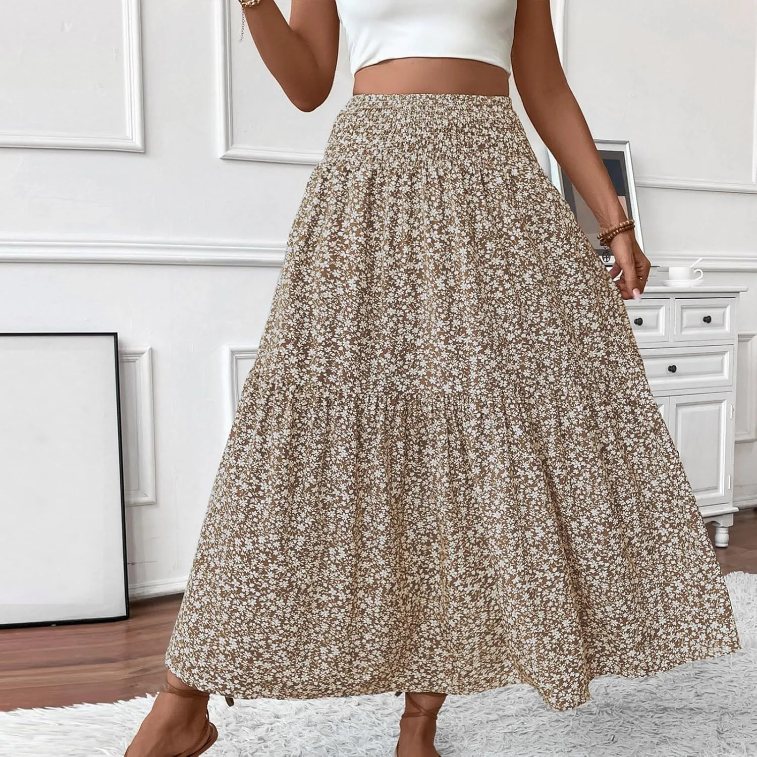 Floral Maxi Skirts for Women Trendy Summer Casual Boho Long Flowy Skirt Smocked Elastic High Waisted A Line Skirt