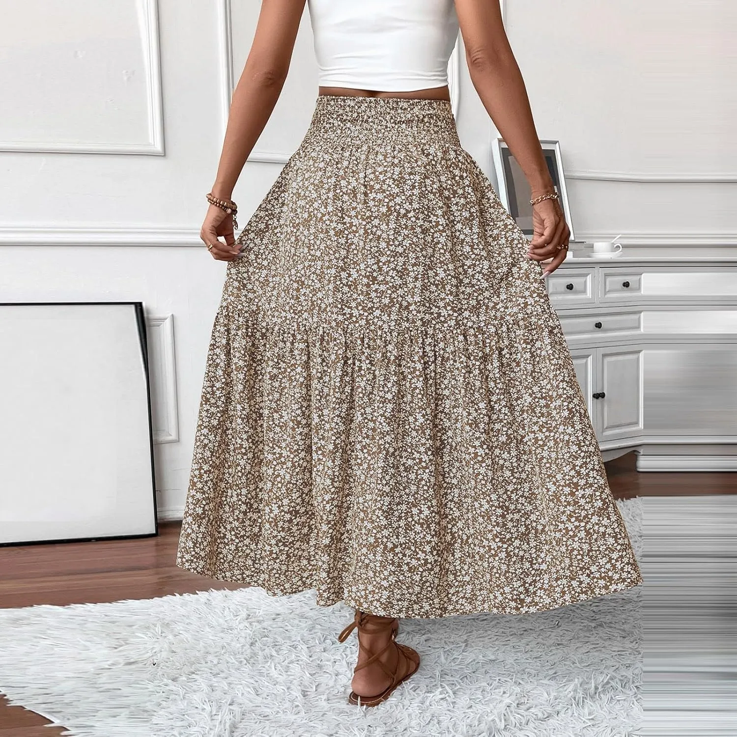 Floral Maxi Skirts for Women Trendy Summer Casual Boho Long Flowy Skirt Smocked Elastic High Waisted A Line Skirt