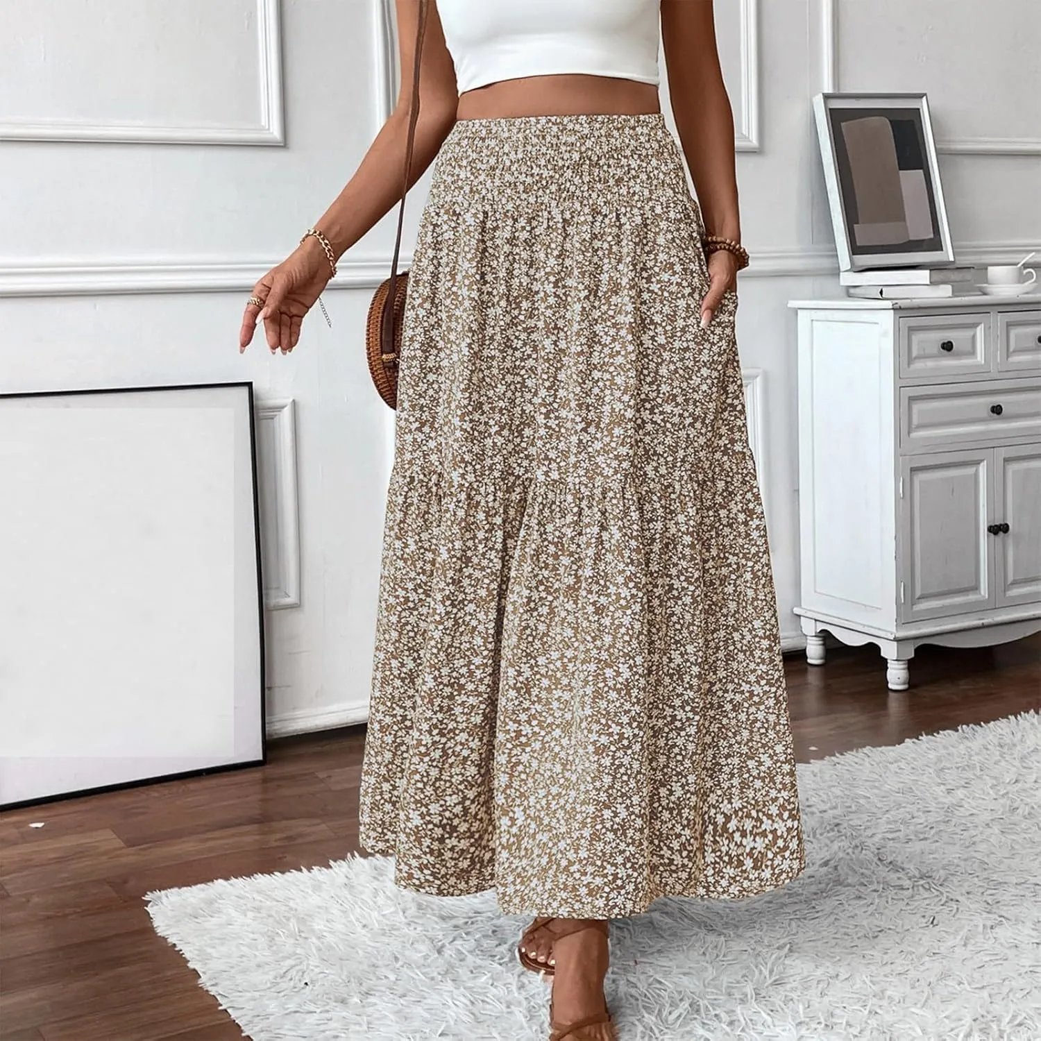 Floral Maxi Skirts for Women Trendy Summer Casual Boho Long Flowy Skirt Smocked Elastic High Waisted A Line Skirt