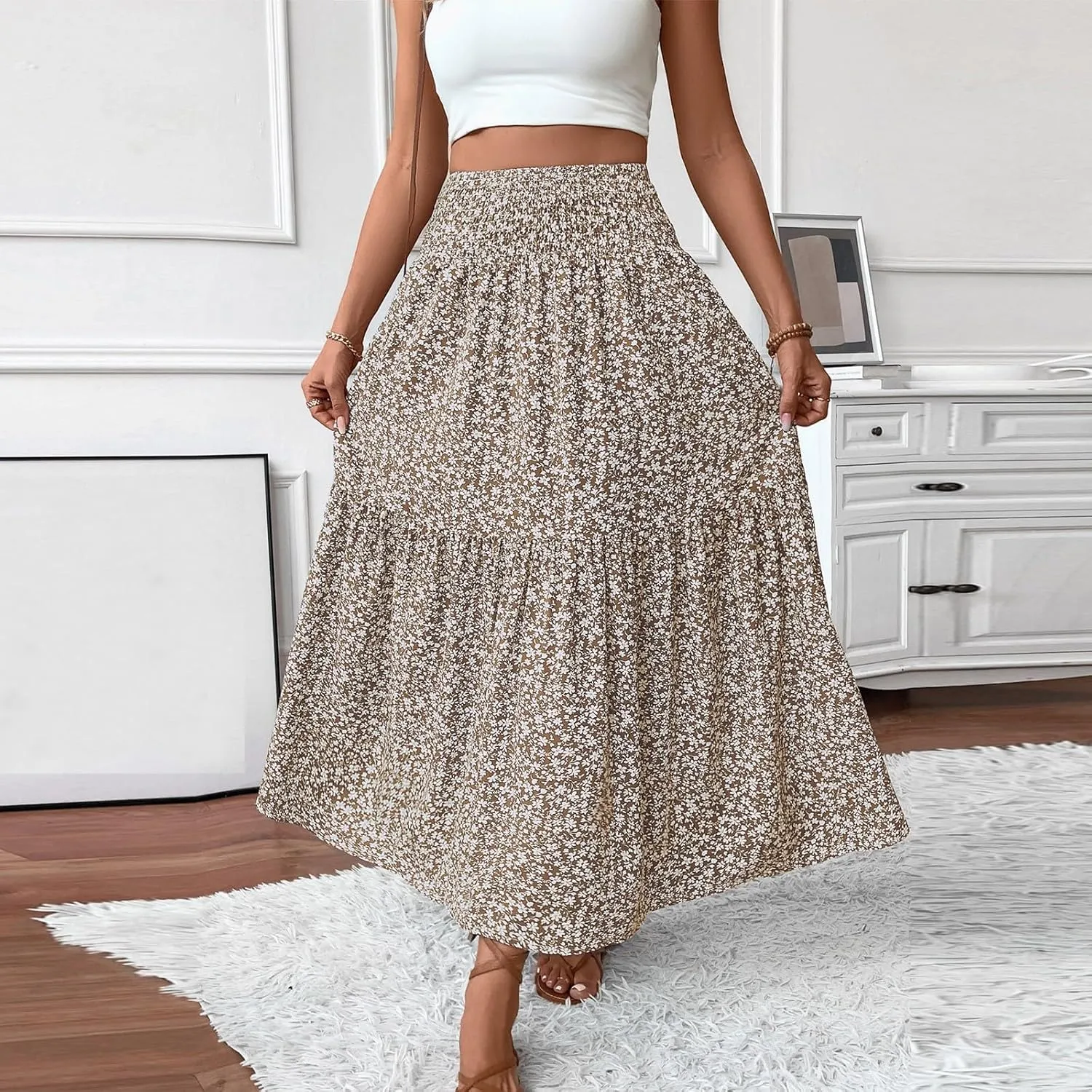 Floral Maxi Skirts for Women Trendy Summer Casual Boho Long Flowy Skirt Smocked Elastic High Waisted A Line Skirt