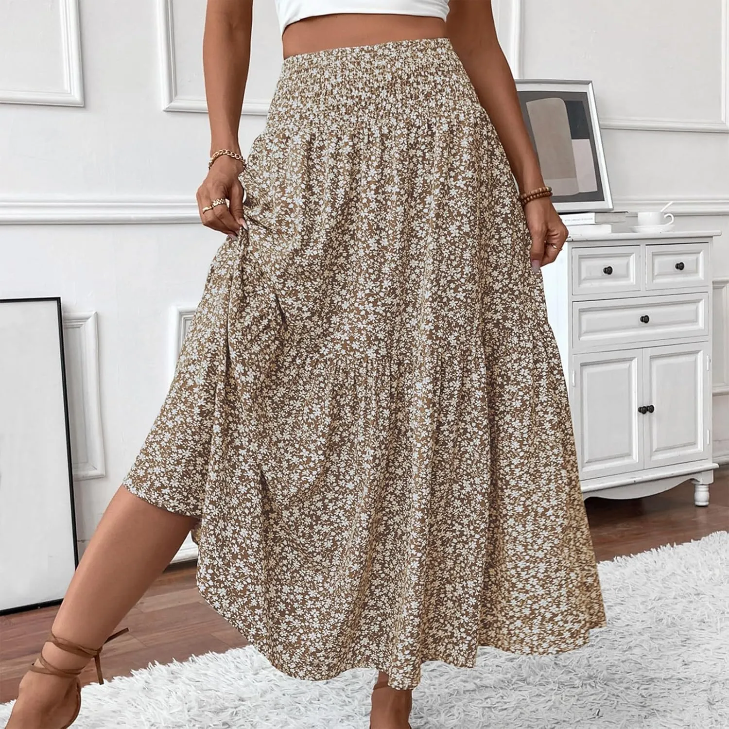Floral Maxi Skirts for Women Trendy Summer Casual Boho Long Flowy Skirt Smocked Elastic High Waisted A Line Skirt