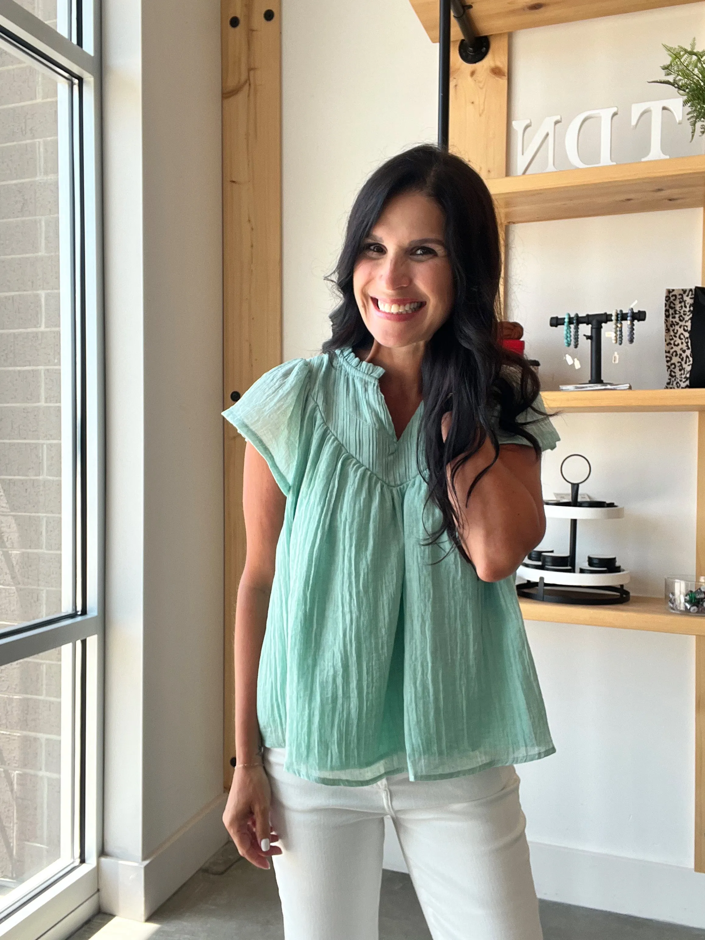 Flutter Sleeve Boho Blouse in Sage