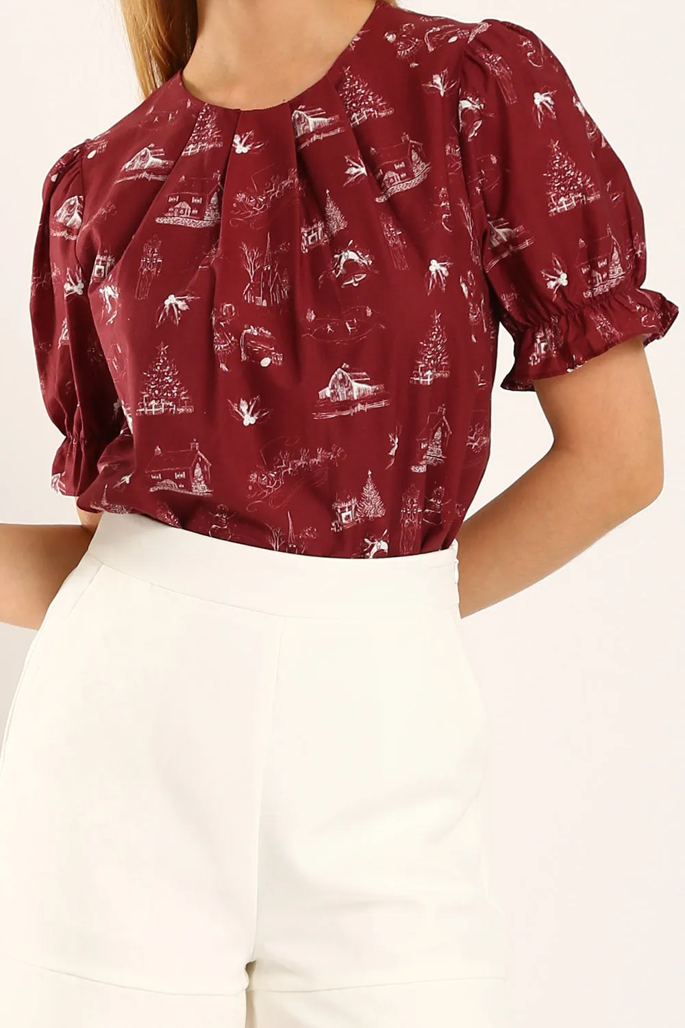 Geia Holiday-Inspired Blouse with Red Festive Print
