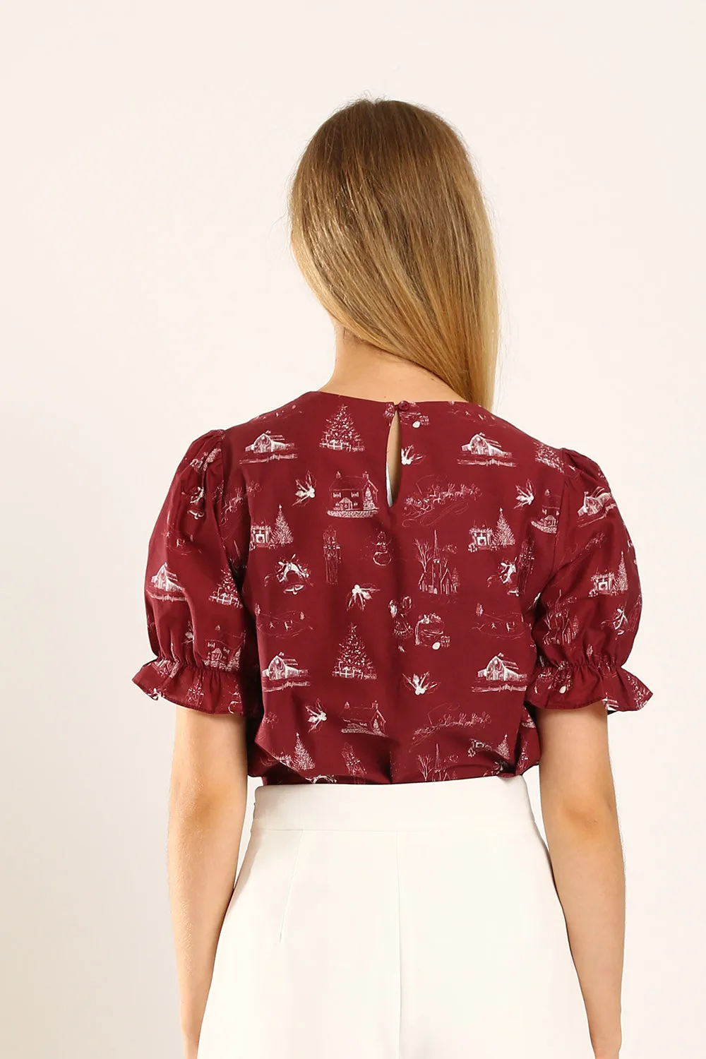 Geia Holiday-Inspired Blouse with Red Festive Print