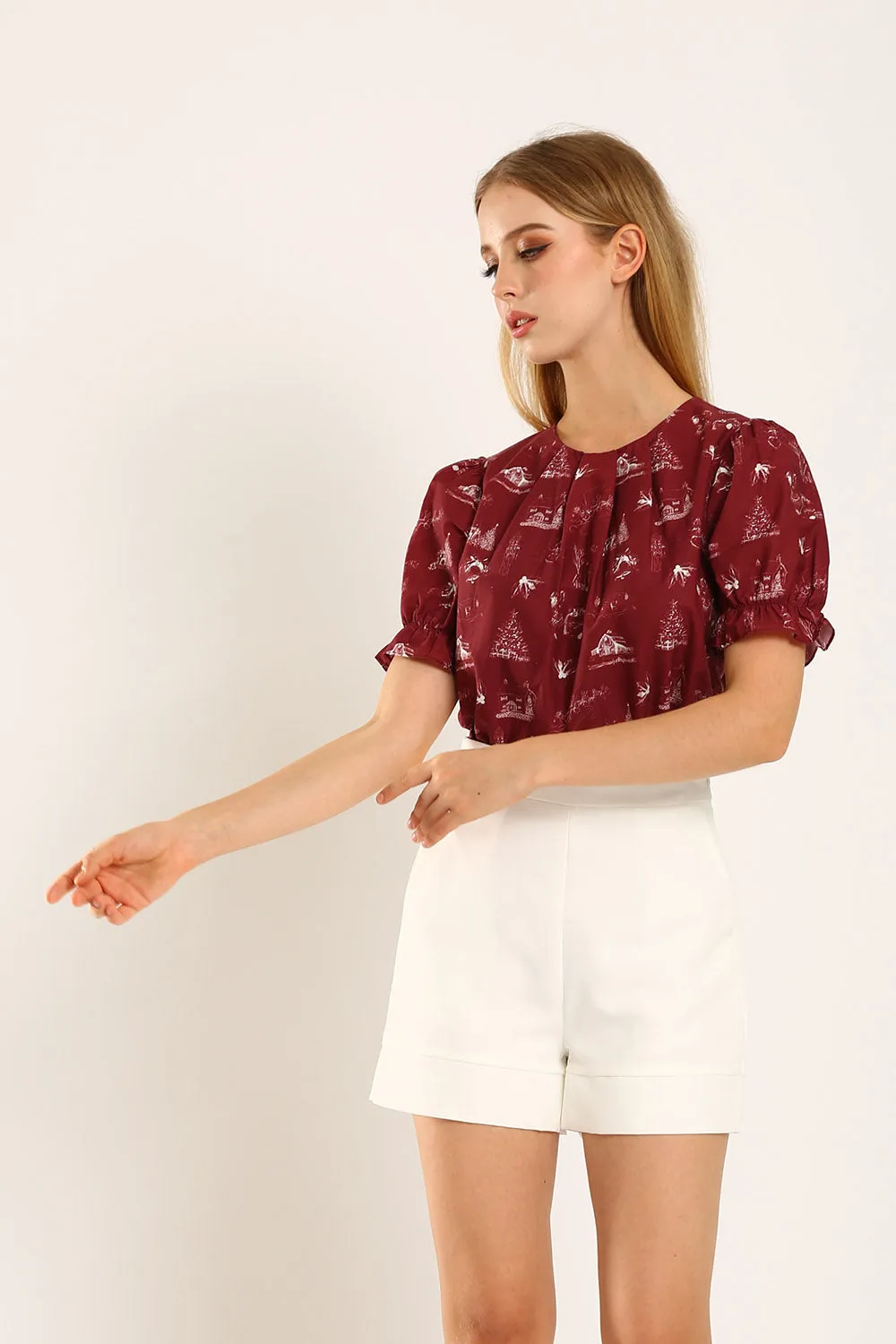 Geia Holiday-Inspired Blouse with Red Festive Print