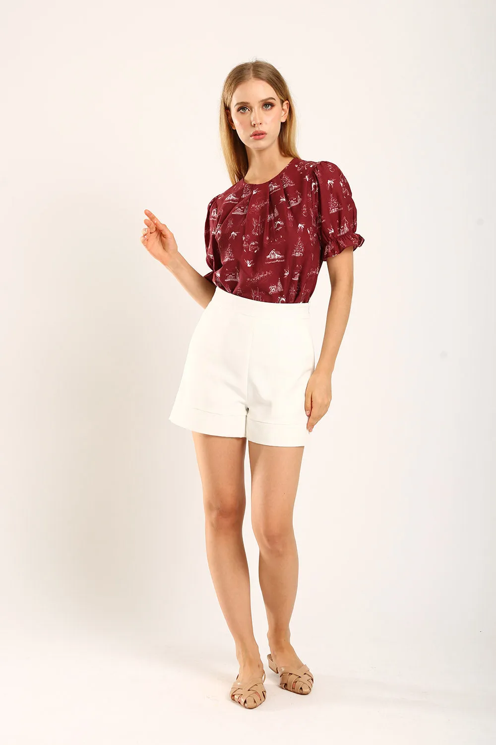 Geia Holiday-Inspired Blouse with Red Festive Print