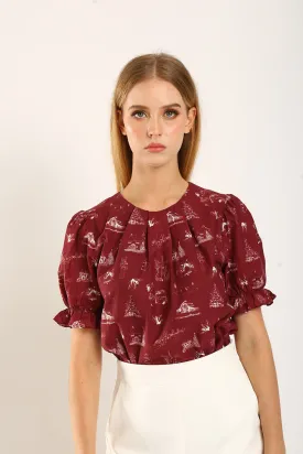 Geia Holiday-Inspired Blouse with Red Festive Print