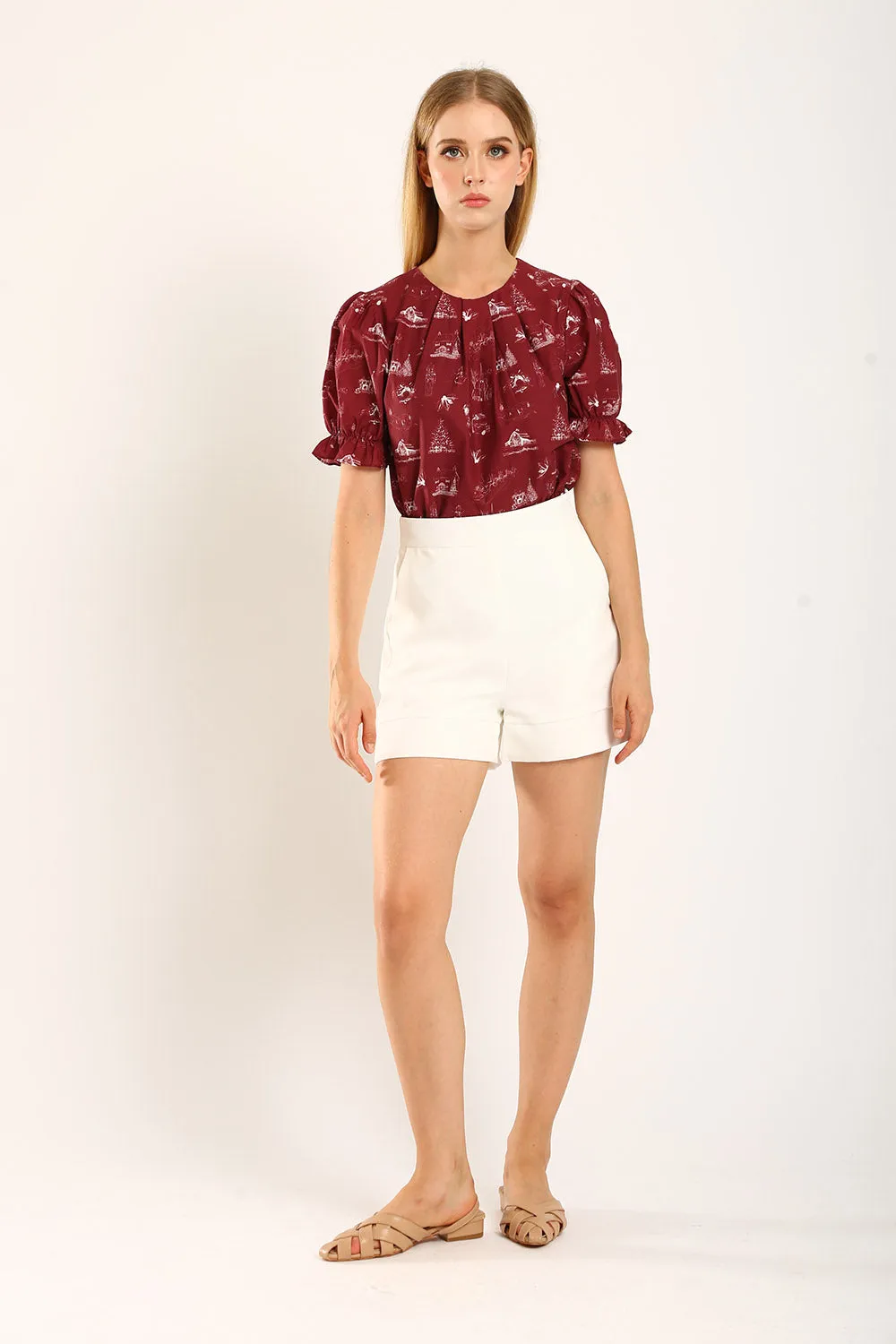 Geia Holiday-Inspired Blouse with Red Festive Print