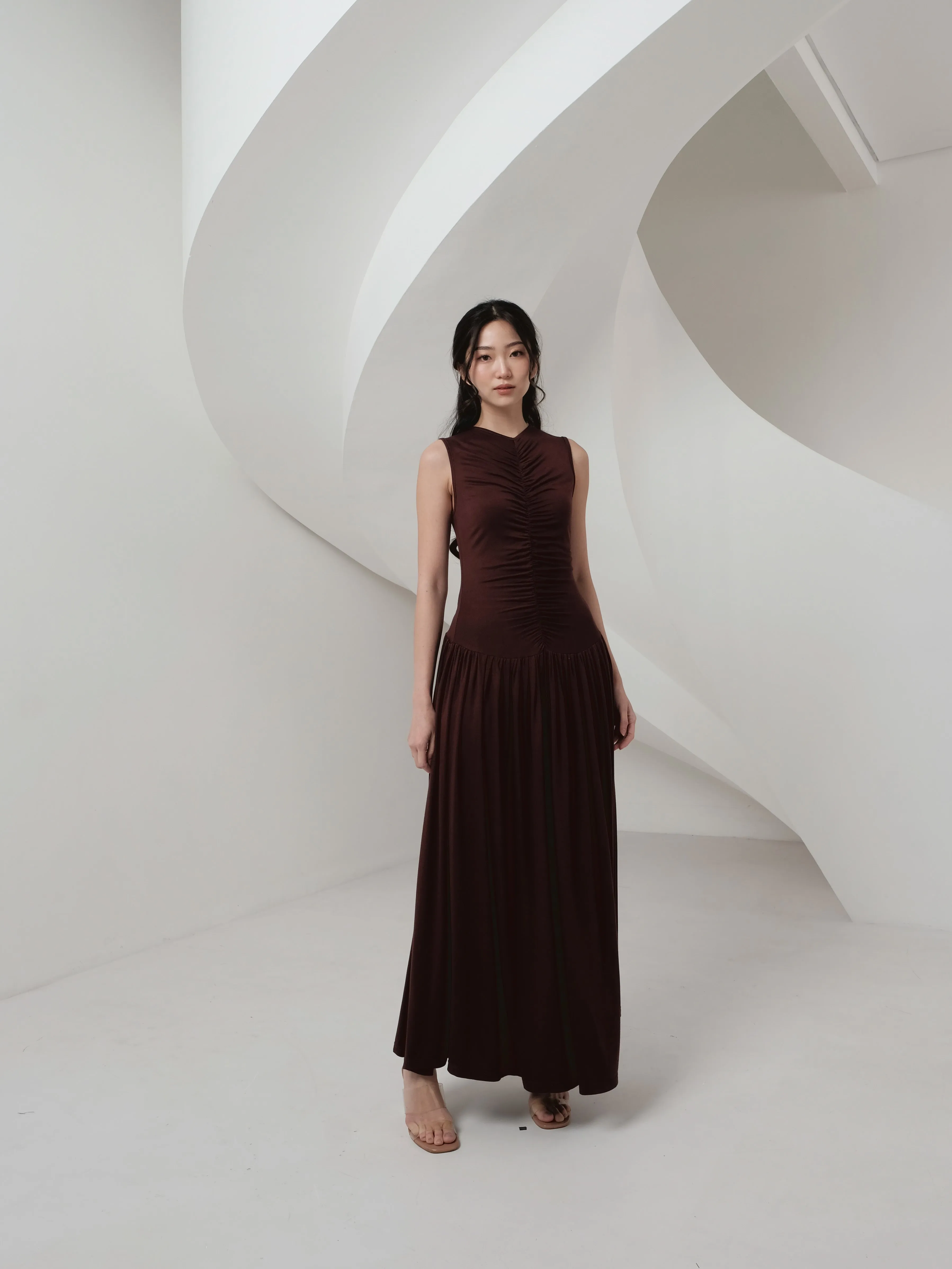Genevie Ruched Maxi Dress In Dark Brown (LAST PIECES)