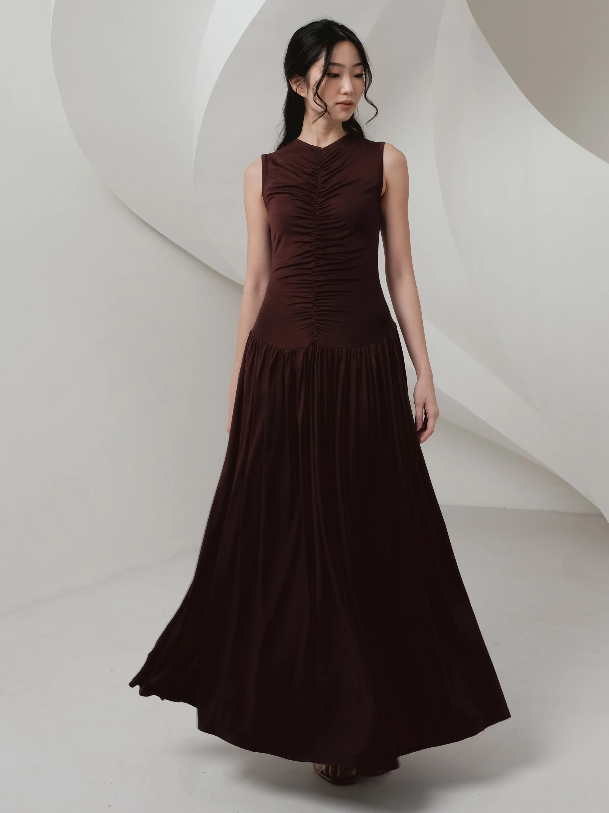 Genevie Ruched Maxi Dress In Dark Brown (LAST PIECES)