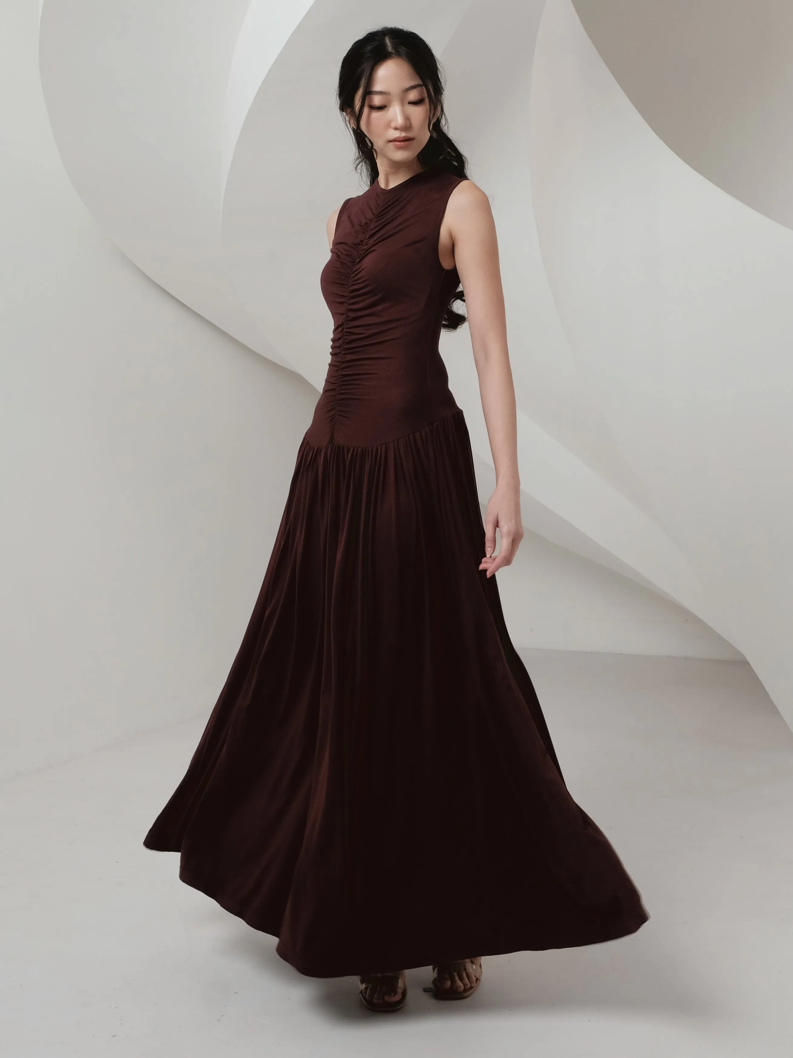 Genevie Ruched Maxi Dress In Dark Brown (LAST PIECES)