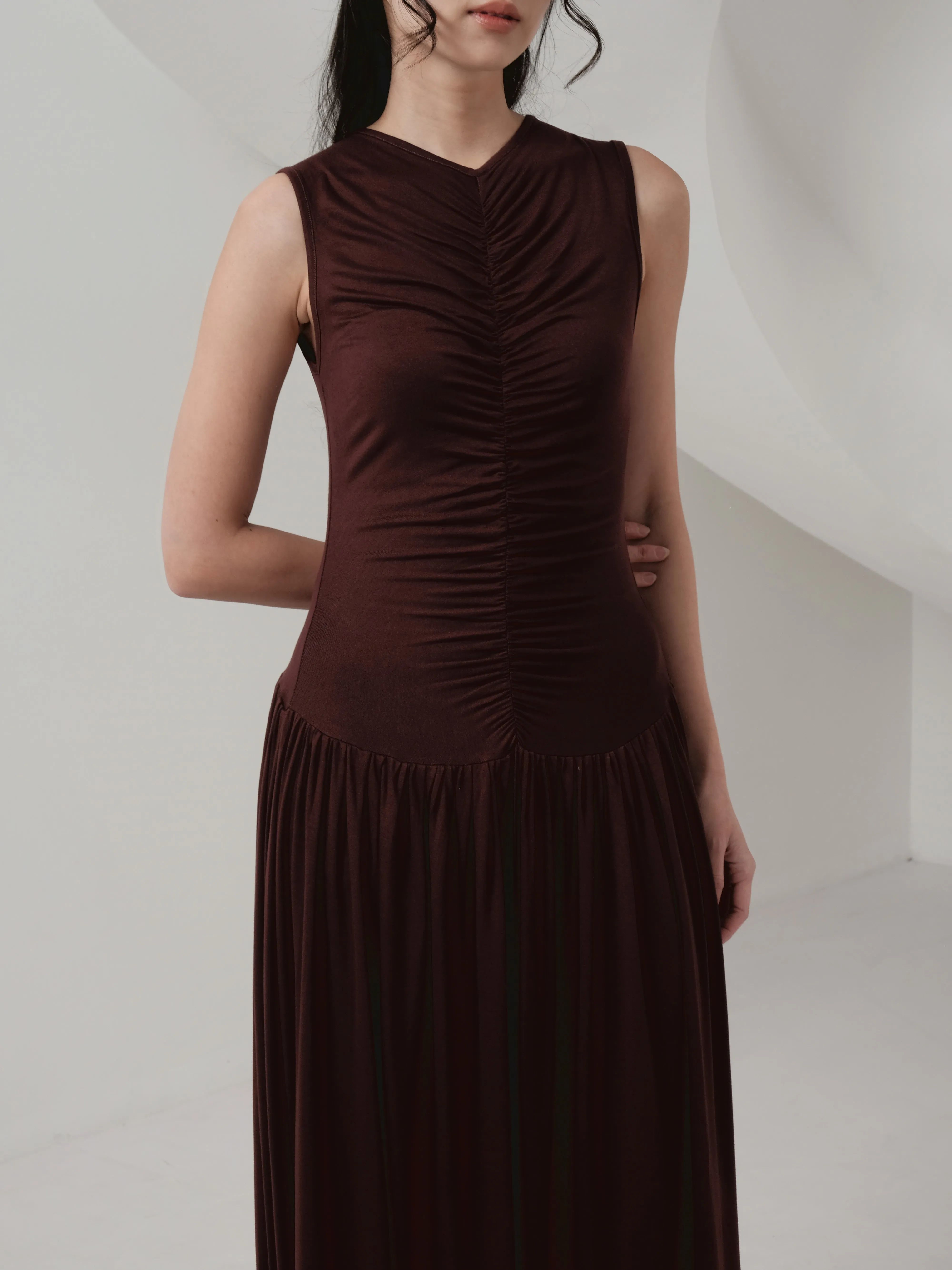 Genevie Ruched Maxi Dress In Dark Brown (LAST PIECES)