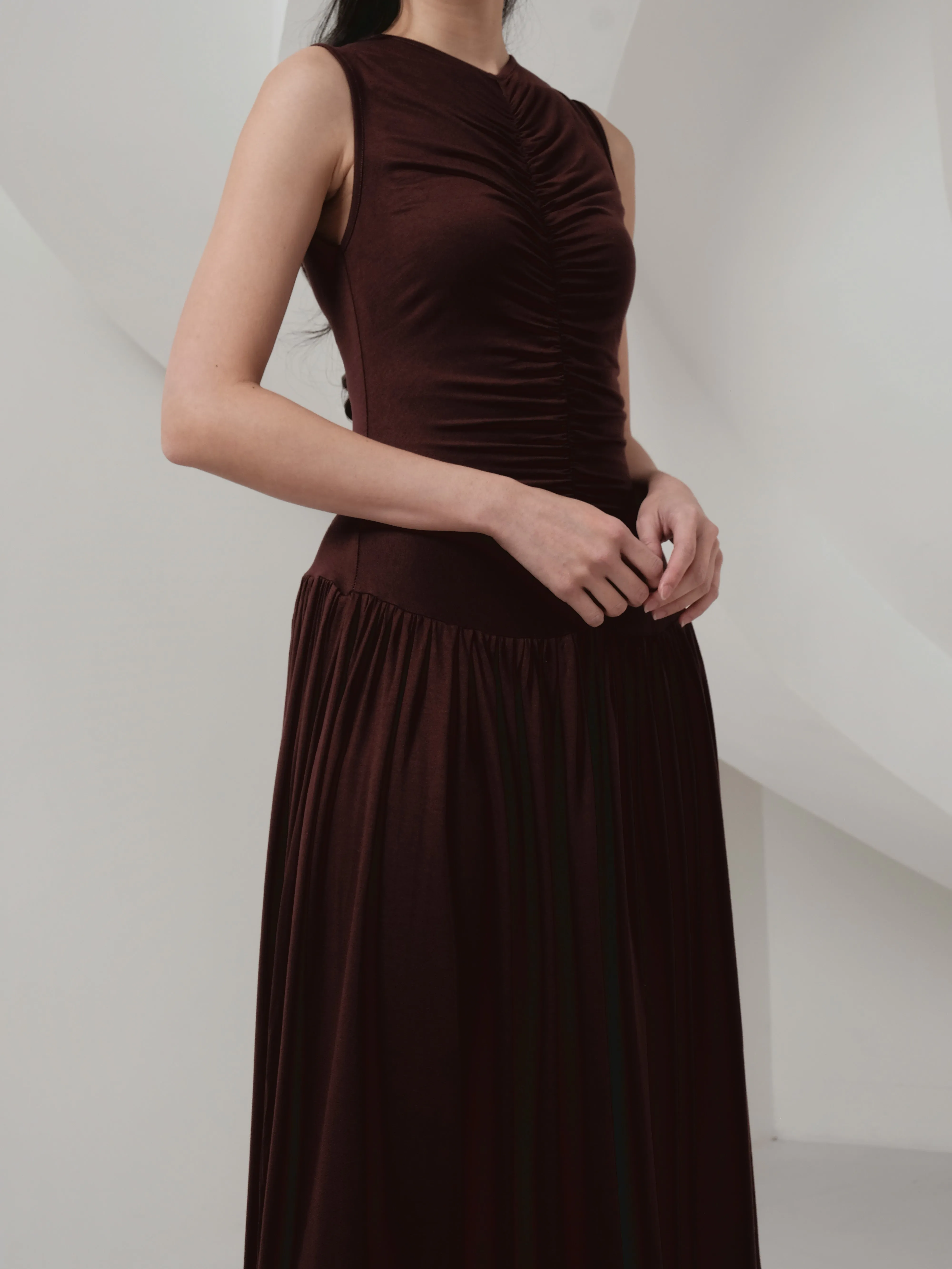 Genevie Ruched Maxi Dress In Dark Brown (LAST PIECES)