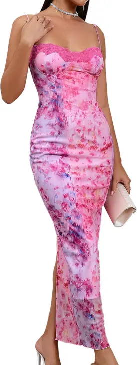 GLNEGE Women's Summer Floral Midi Wedding Guest Dress Spaghetti Strap Bodycon Party Dresses Lace Up Slit Casual Dresses