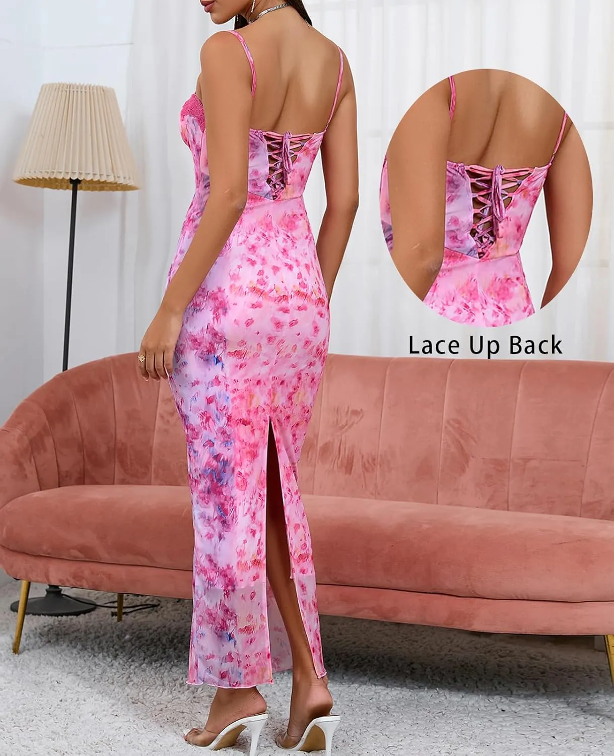 GLNEGE Women's Summer Floral Midi Wedding Guest Dress Spaghetti Strap Bodycon Party Dresses Lace Up Slit Casual Dresses
