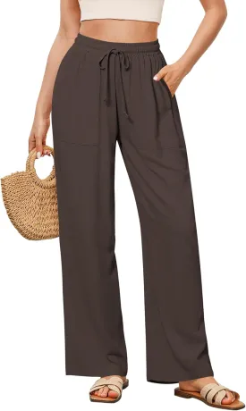GRAPENT Linen Pants for Women Wide Leg High Waisted Baggy Drawstring Elastic Waist Palazzo Trousers Pants with Pockets
