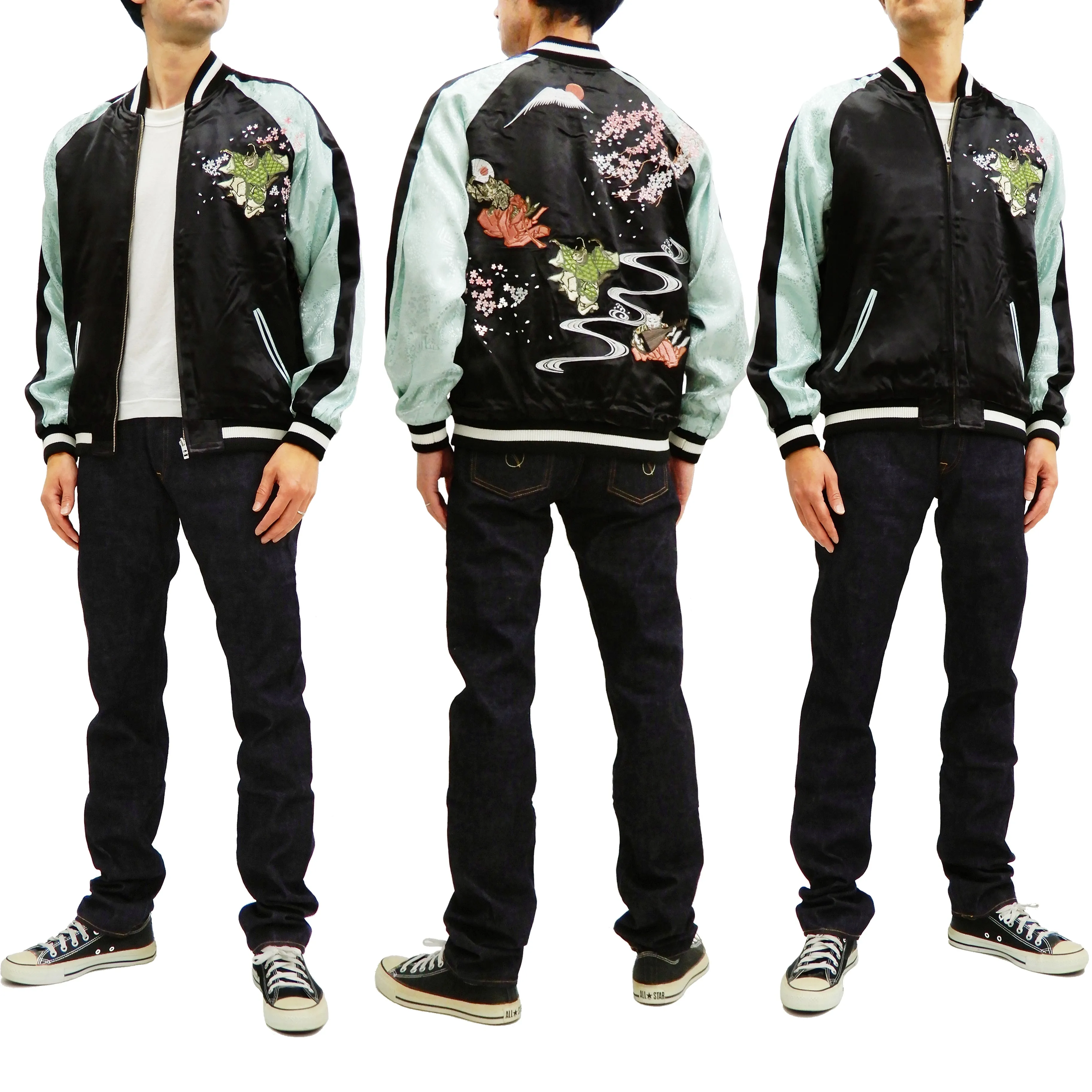 Hanatabi Gakudan Men's Japanese Souvenir Jacket Japanese Cat Art Sukajan SSJ-703