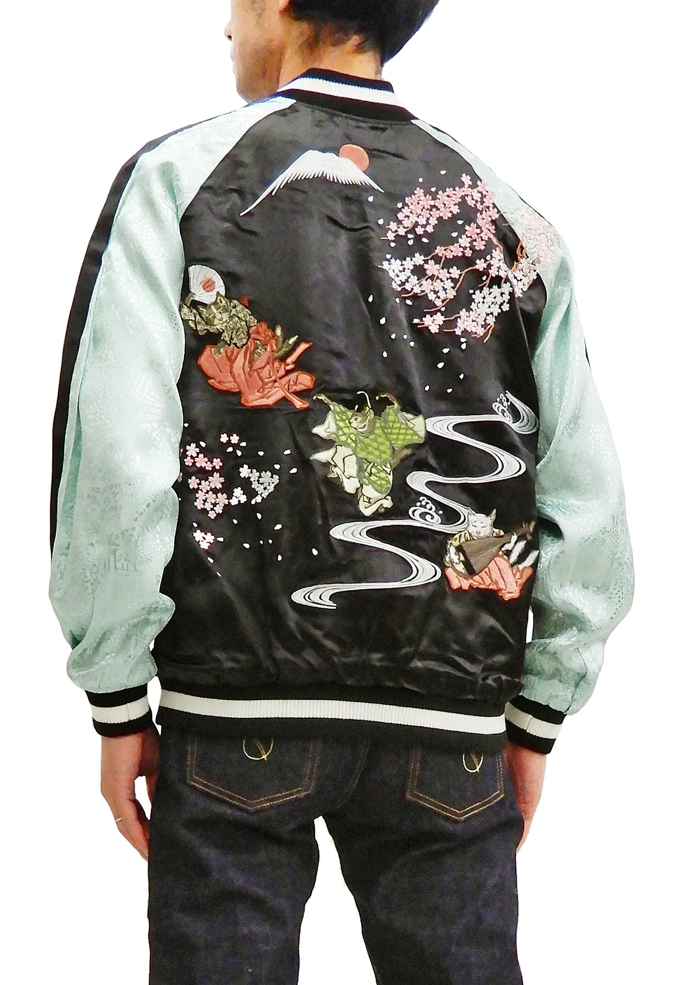 Hanatabi Gakudan Men's Japanese Souvenir Jacket Japanese Cat Art Sukajan SSJ-703
