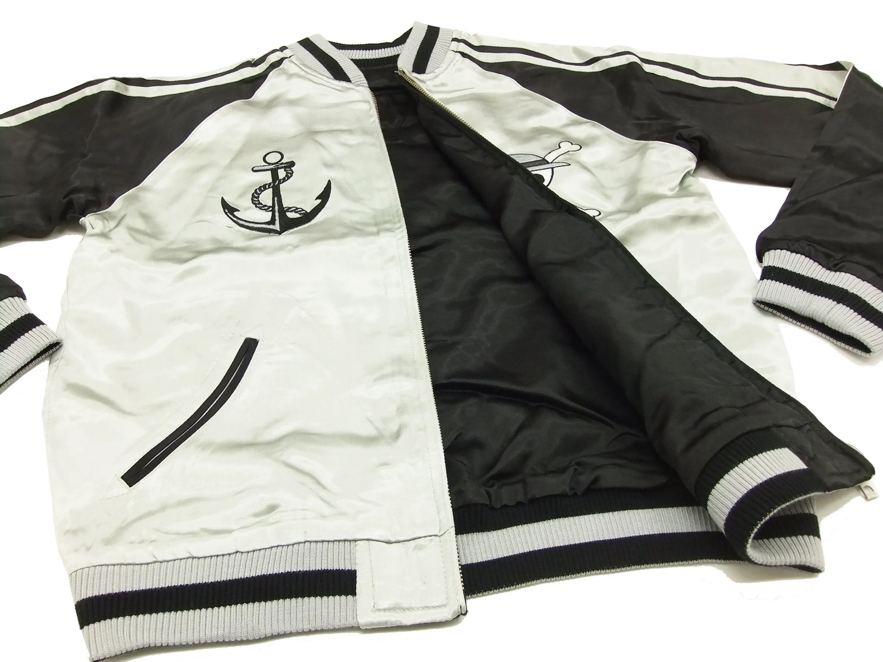 Hanatabi Gakudan Men's Japanese Souvenir Jacket Japanese ONE PIECE Sukajan Script OPSJ-001 Silver