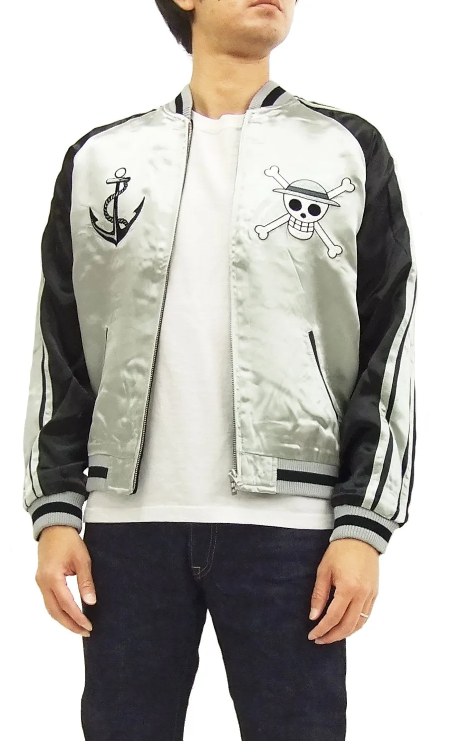 Hanatabi Gakudan Men's Japanese Souvenir Jacket Japanese ONE PIECE Sukajan Script OPSJ-001 Silver