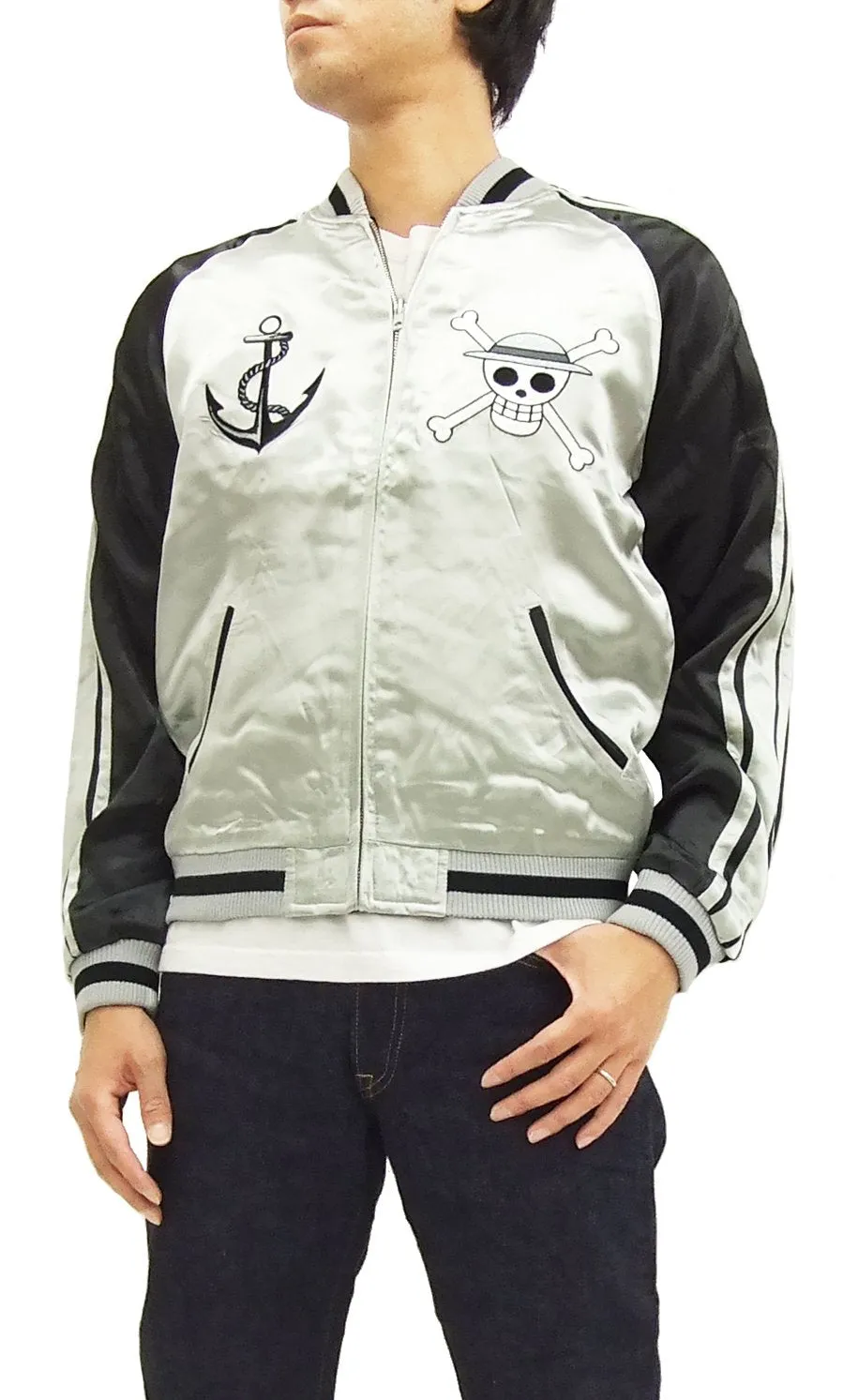 Hanatabi Gakudan Men's Japanese Souvenir Jacket Japanese ONE PIECE Sukajan Script OPSJ-001 Silver