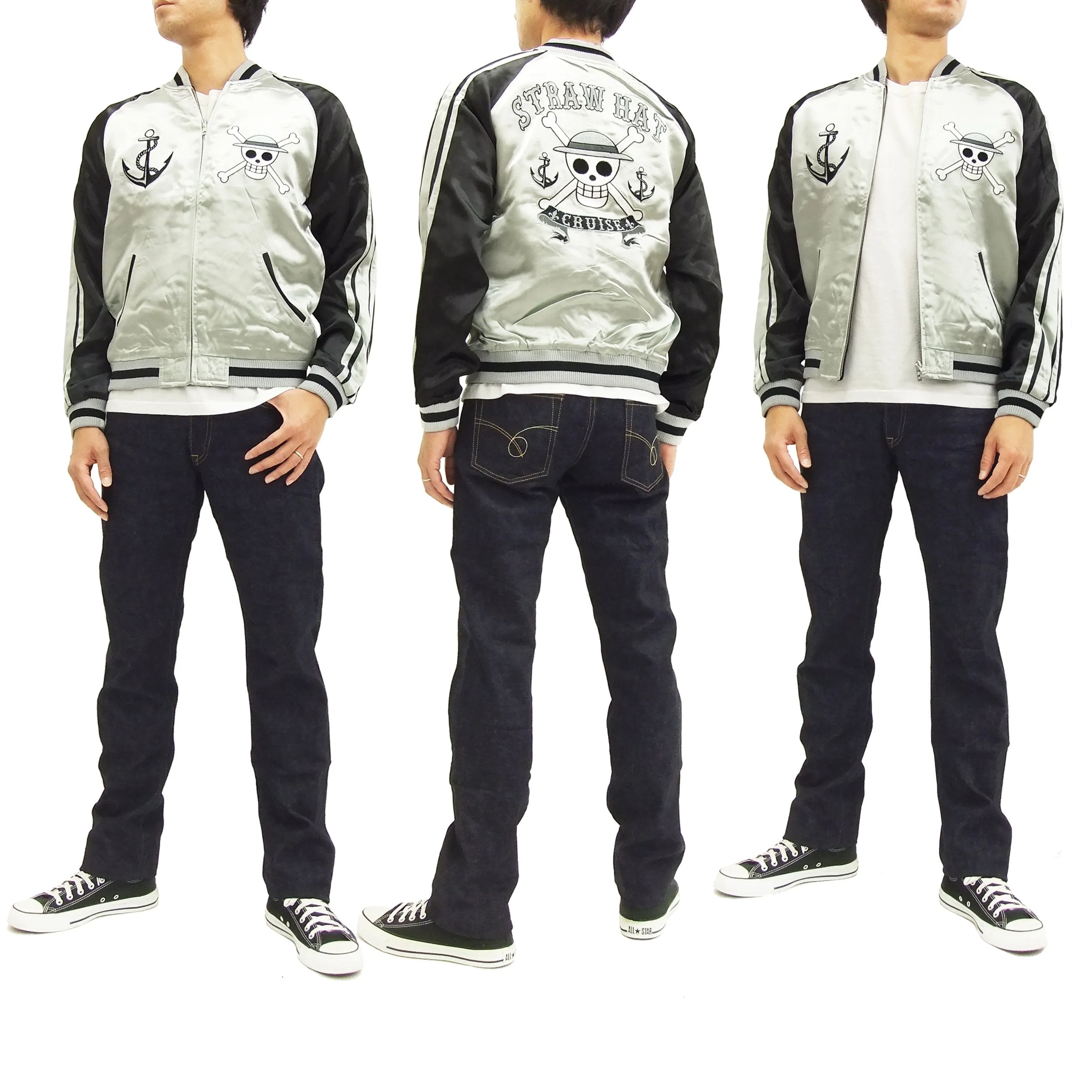 Hanatabi Gakudan Men's Japanese Souvenir Jacket Japanese ONE PIECE Sukajan Script OPSJ-001 Silver