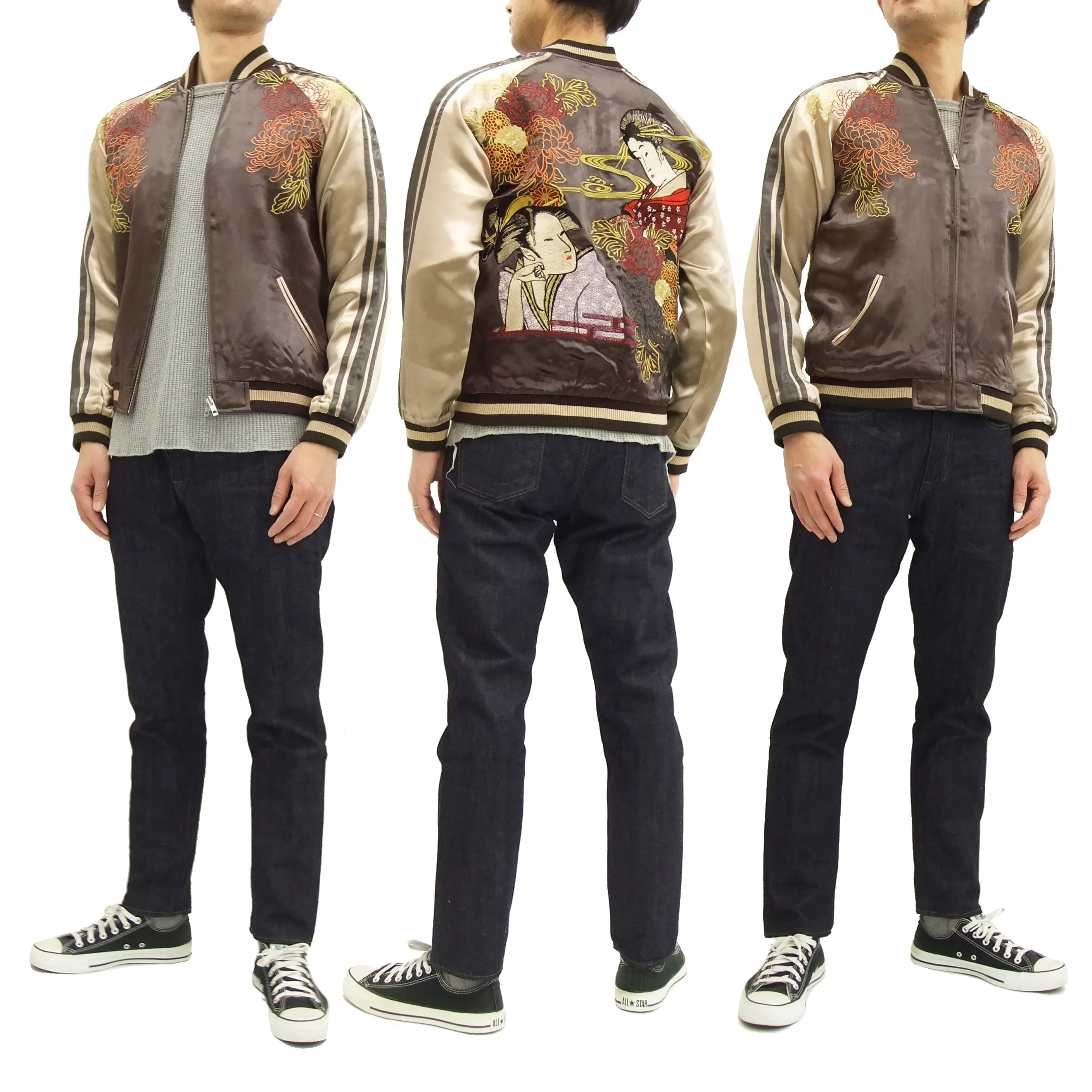 Hanatabi Gakudan Men's Japanese Souvenir Jacket Japanese Ukiyo-e Art Sukajan Script SSJ-516