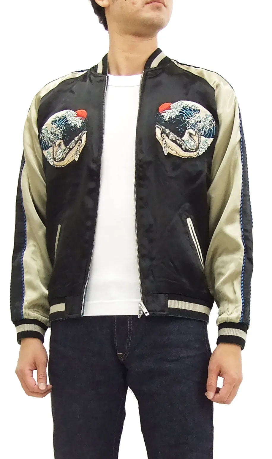 Hanatabi Gakudan Men's Japanese Souvenir Jacket Japanese Whale Art Sukajan Script SSJ-015