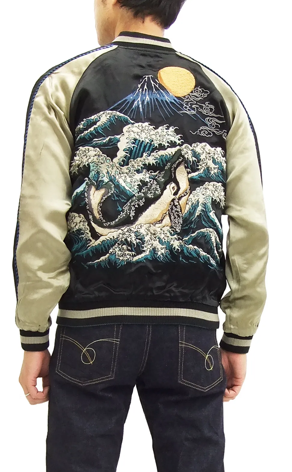 Hanatabi Gakudan Men's Japanese Souvenir Jacket Japanese Whale Art Sukajan Script SSJ-015