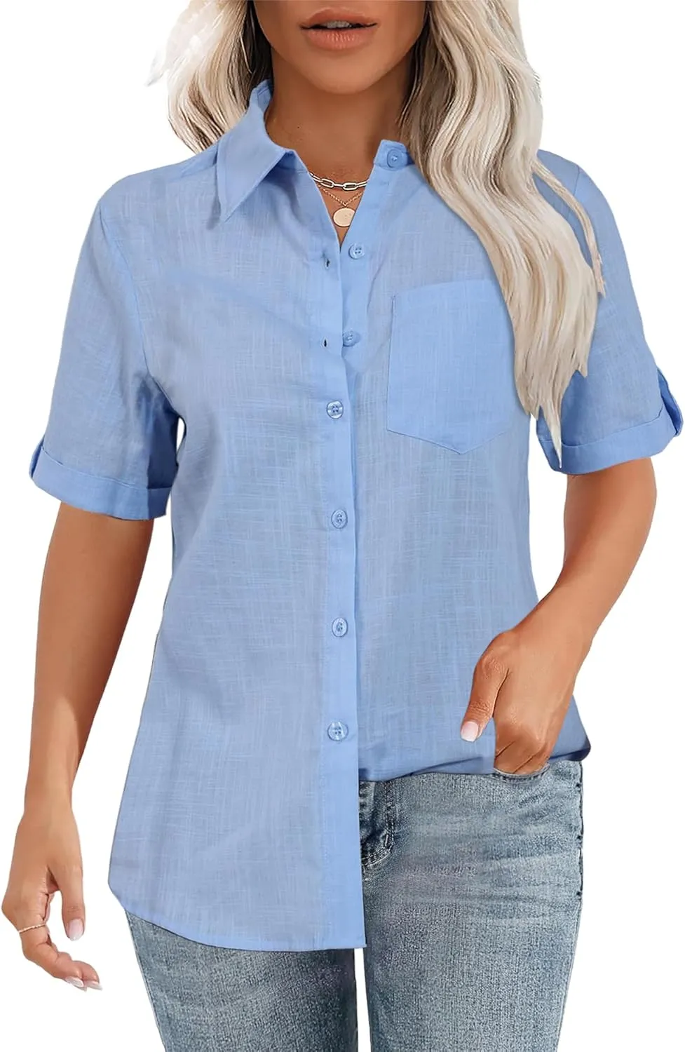 HDLTE Womens Cotton Casual Button Down Shirts V Neck Collare Blouses with Pockets