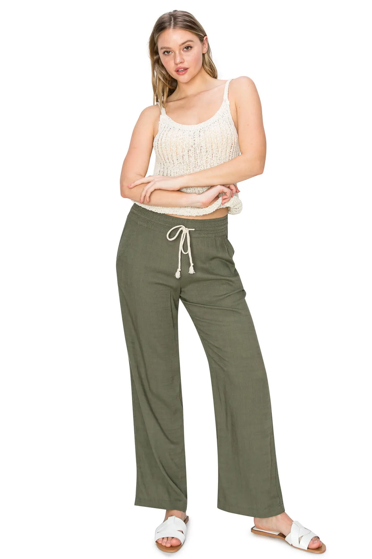 High Waist Relaxed Lounge Beach Pants - Olive