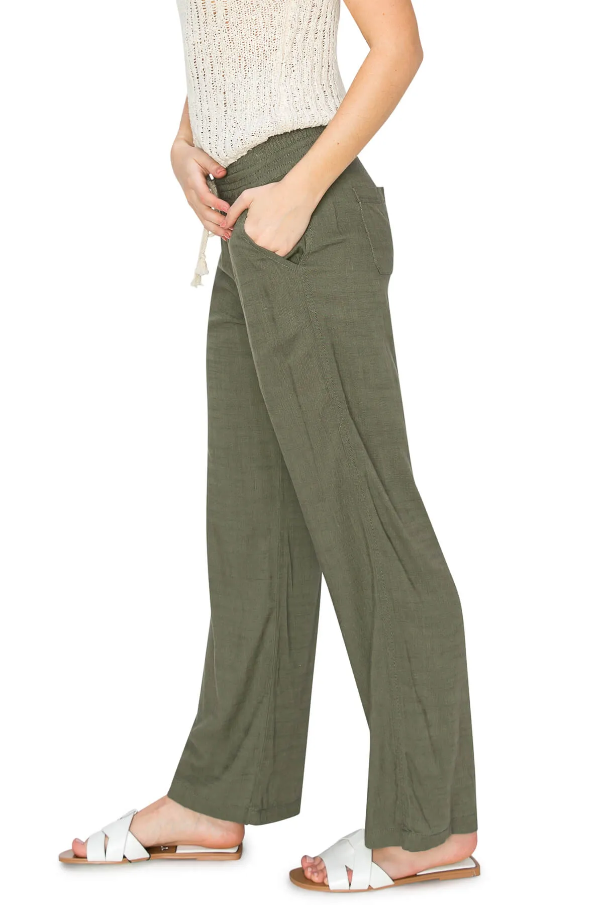 High Waist Relaxed Lounge Beach Pants - Olive