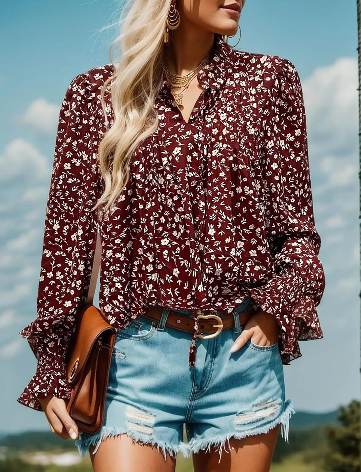 HOTOUCH Womens Long Sleeve Tops Boho Floral Printed Blouses Casual V Neck Pleated Drawstring Peasant Shirts
