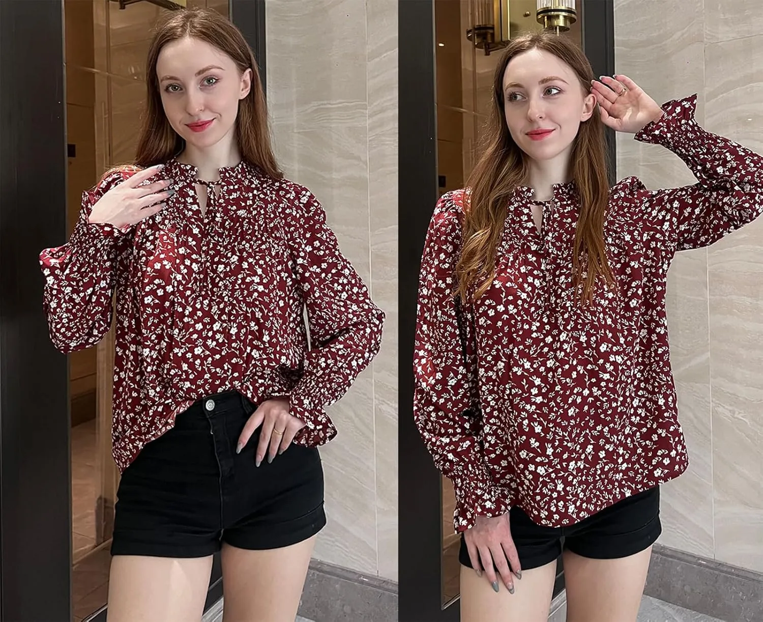 HOTOUCH Womens Long Sleeve Tops Boho Floral Printed Blouses Casual V Neck Pleated Drawstring Peasant Shirts