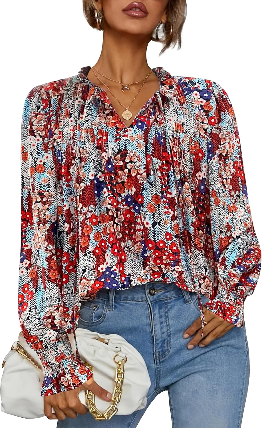 HOTOUCH Womens Long Sleeve Tops Boho Floral Printed Blouses Casual V Neck Pleated Drawstring Peasant Shirts
